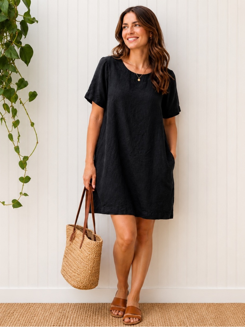 LEN OK Linen Tunic Shirt Dress Black L